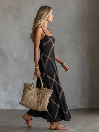 Women's Maxi Dress with Thin Straps and Geometric Pattern