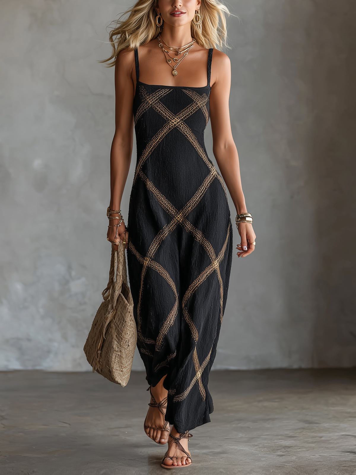 Women's Maxi Dress with Thin Straps and Geometric Pattern