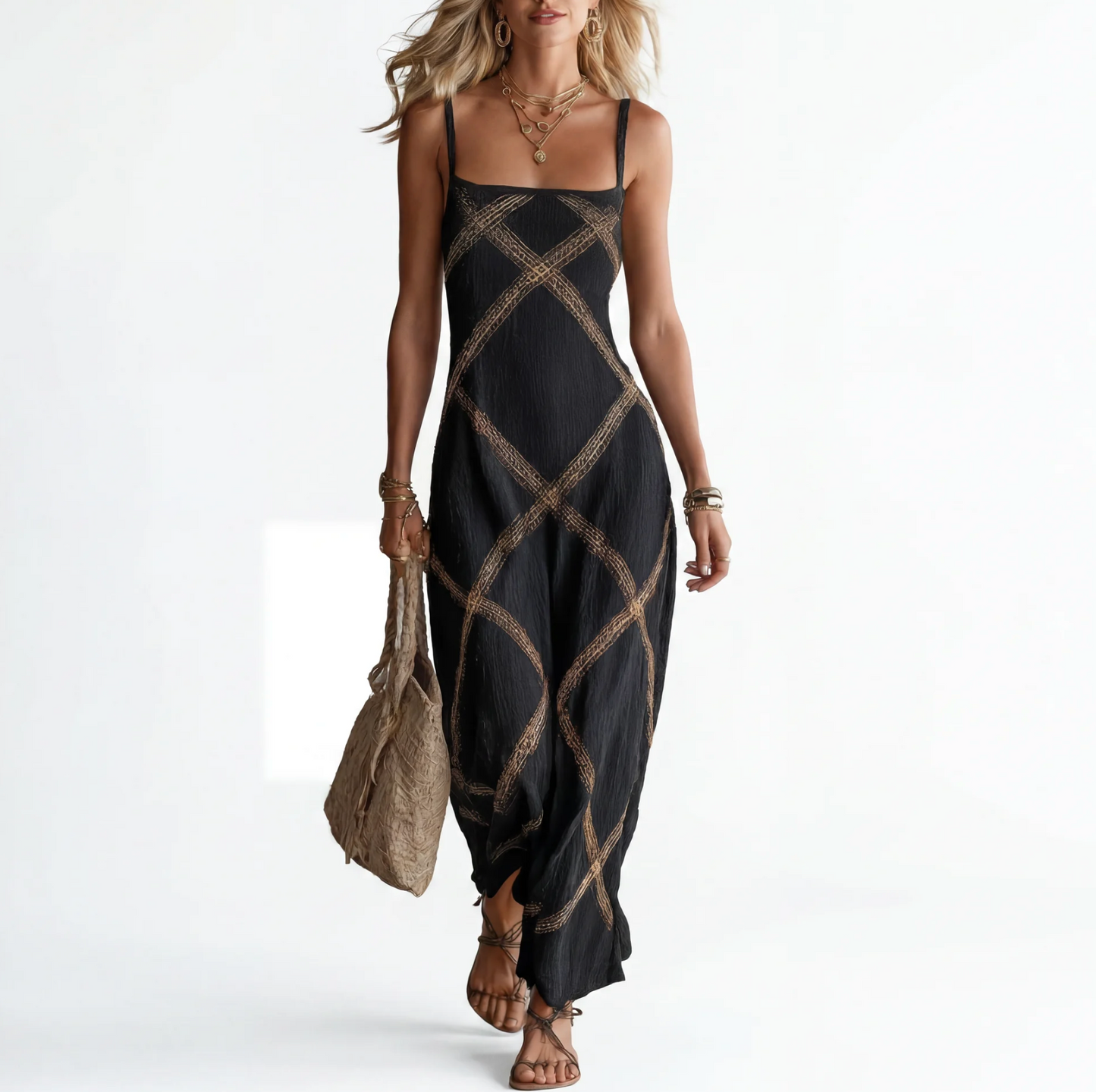 Women's Maxi Dress with Thin Straps and Geometric Pattern