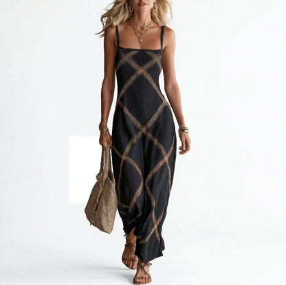 Women's Maxi Dress with Thin Straps and Geometric Pattern