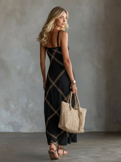 Women's Maxi Dress with Thin Straps and Geometric Pattern