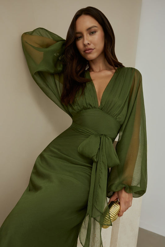 Women's Maxi Dress with V-Neck and Balloon Sleeves