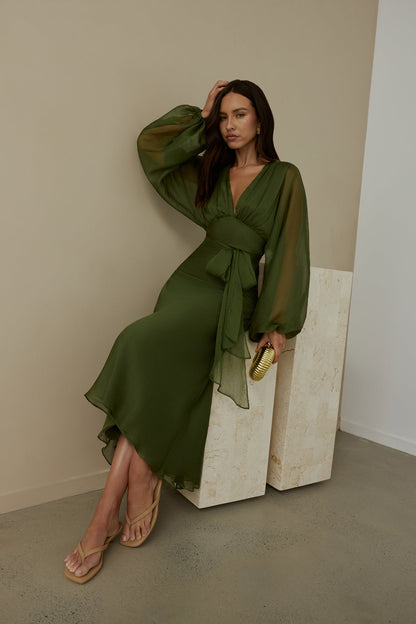 Women's Maxi Dress with V-Neck and Balloon Sleeves