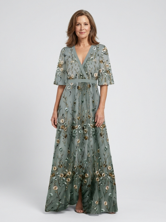 Women's Maxi Dress with V-Neckline and Sheer Sleeves