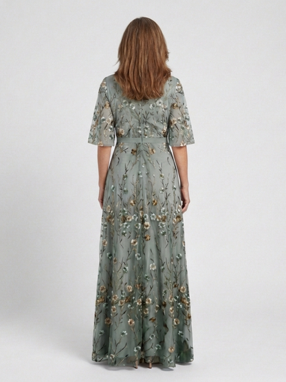 Women's Maxi Dress with V-Neckline and Sheer Sleeves