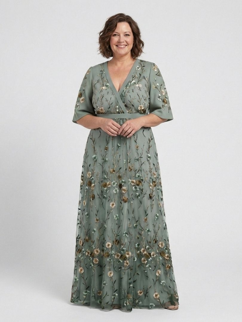 Women's Maxi Dress with V-Neckline and Sheer Sleeves