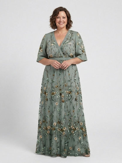 Women's Maxi Dress with V-Neckline and Sheer Sleeves