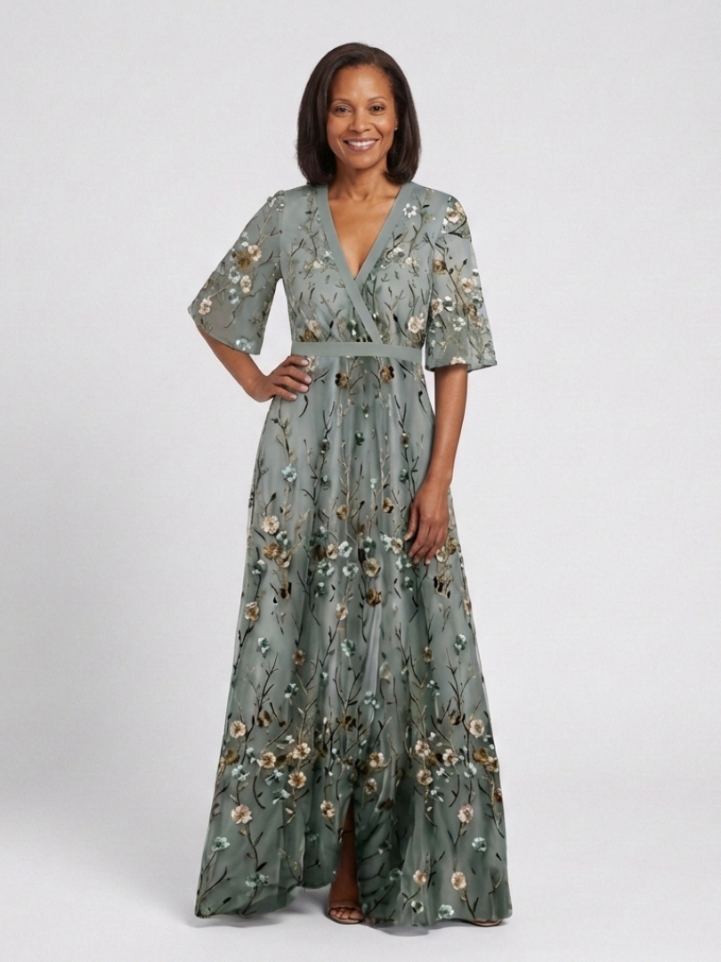 Women's Maxi Dress with V-Neckline and Sheer Sleeves