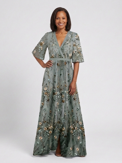 Women's Maxi Dress with V-Neckline and Sheer Sleeves