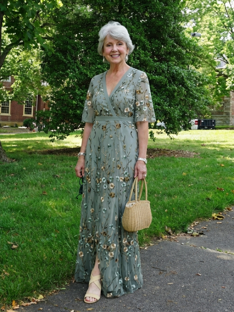 Women's Maxi Dress with V-Neckline and Sheer Sleeves