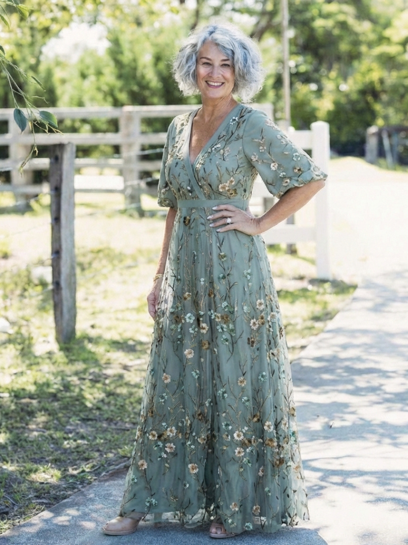 Women's Maxi Dress with V-Neckline and Sheer Sleeves