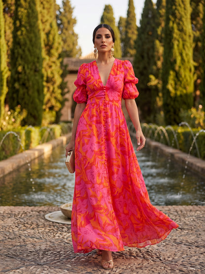 Women's Maxi Dress with V-Neckline and Voluminous Sleeves