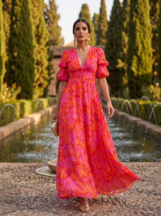 Women's Maxi Dress with V-Neckline and Voluminous Sleeves
