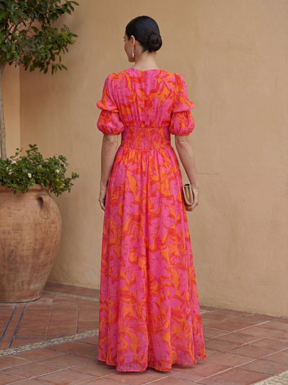 Women's Maxi Dress with V-Neckline and Voluminous Sleeves