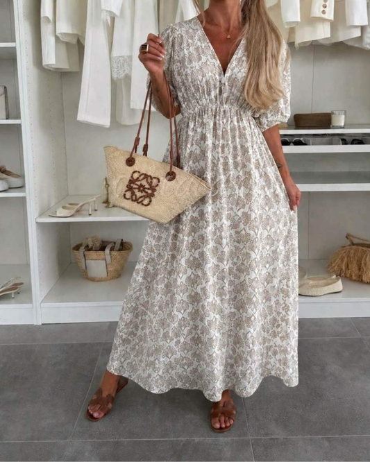Women's Maxi Summer Dress with V-Neck and Stretch Waistband