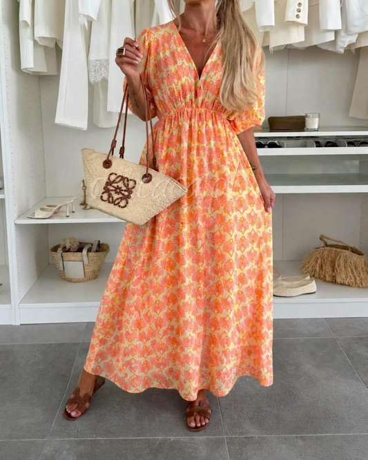 Women's Maxi Summer Dress with V-Neck and Stretch Waistband