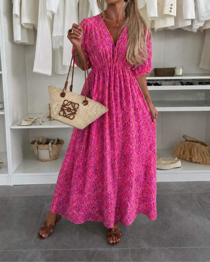 Women's Maxi Summer Dress with V-Neck and Stretch Waistband