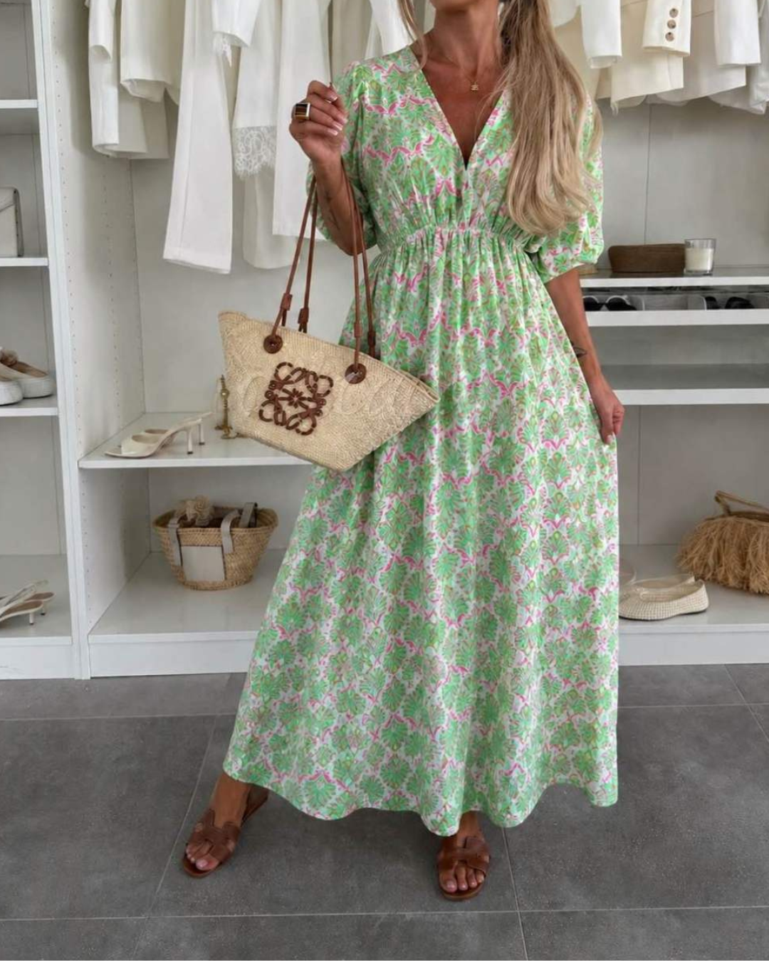 Women's Maxi Summer Dress with V-Neck and Stretch Waistband