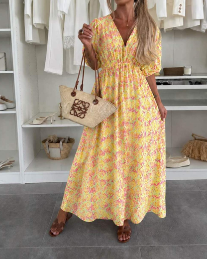 Women's Maxi Summer Dress with V-Neck and Stretch Waistband