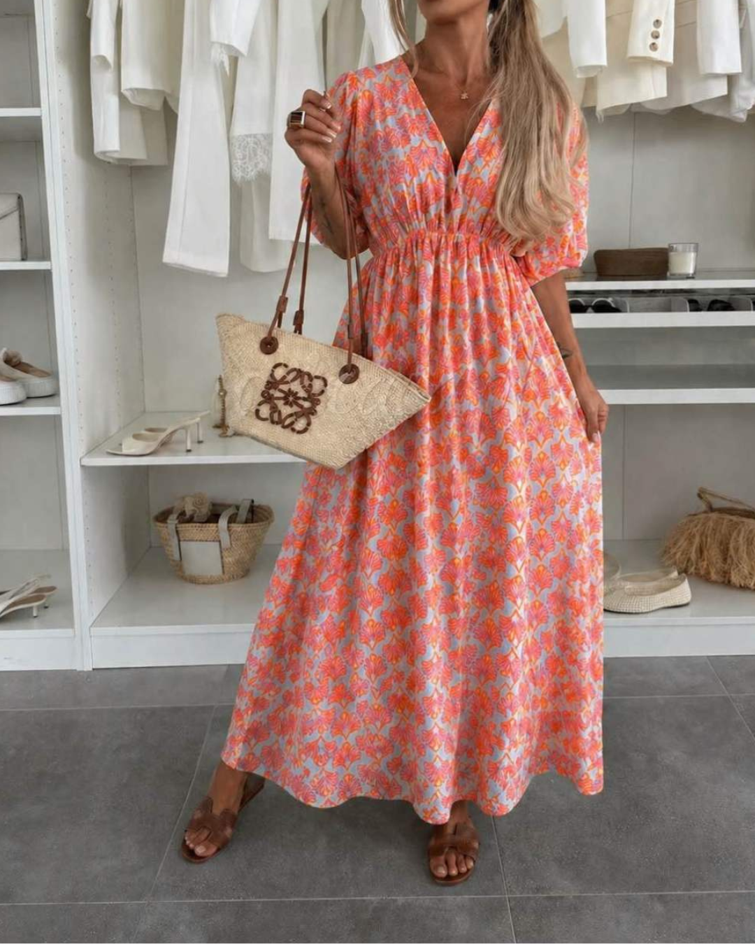 Women's Maxi Summer Dress with V-Neck and Stretch Waistband