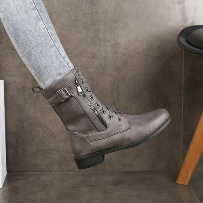 Women's Mid-Calf Lace-Up Boots with Bold Buckle Detail