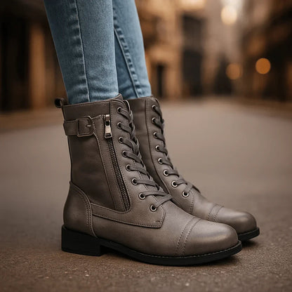 Women's Mid-Calf Lace-Up Boots with Zipper Closure