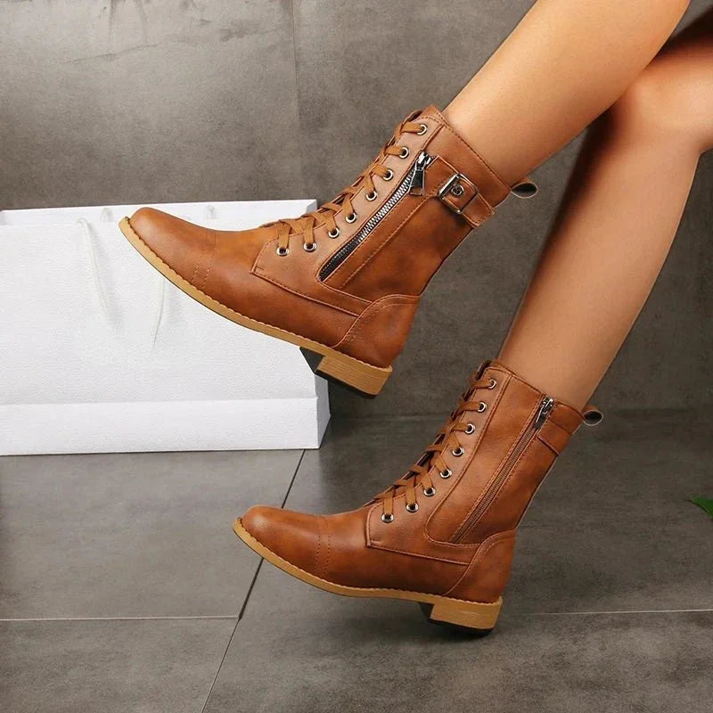 Women's Mid-Calf Lace-Up Boots with Zipper Closure