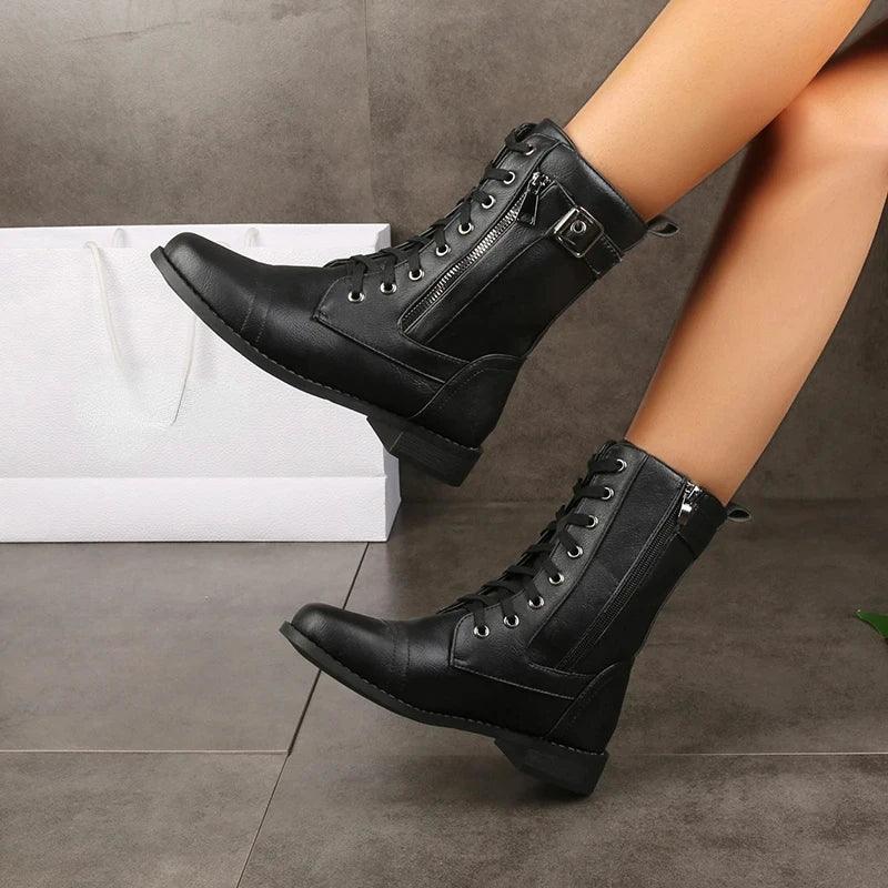 Women's Mid-Calf Lace-Up Boots with Zipper Closure