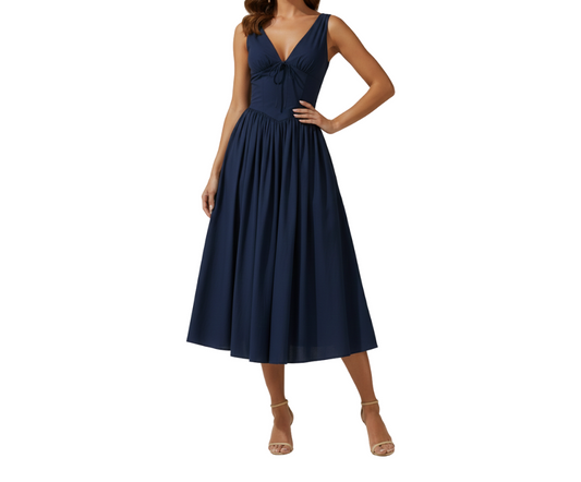 Women's Midi Dress with Deep V Neck and Flared Skirt