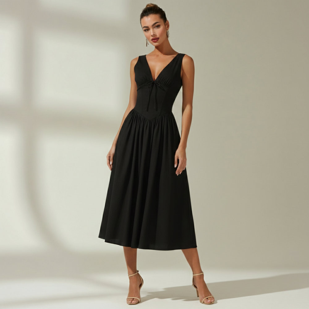 Women's Midi Dress with Deep V Neck and Flared Skirt