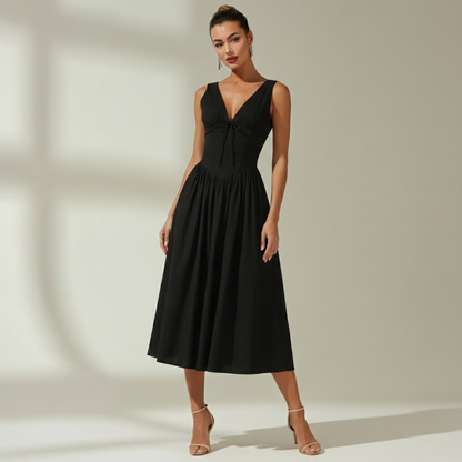 Women's Midi Dress with Deep V Neck and Flared Skirt