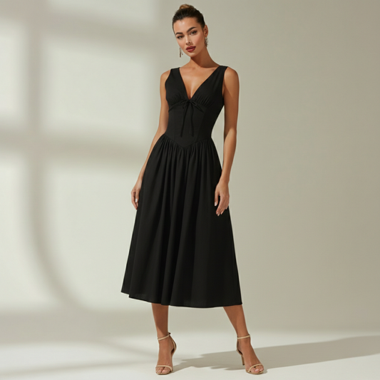 Women's Midi Dress with Deep V Neck and Flared Skirt
