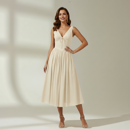 Women's Midi Dress with Deep V Neck and Flared Skirt