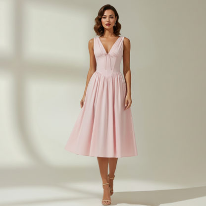 Women's Midi Dress with Deep V Neck and Flared Skirt