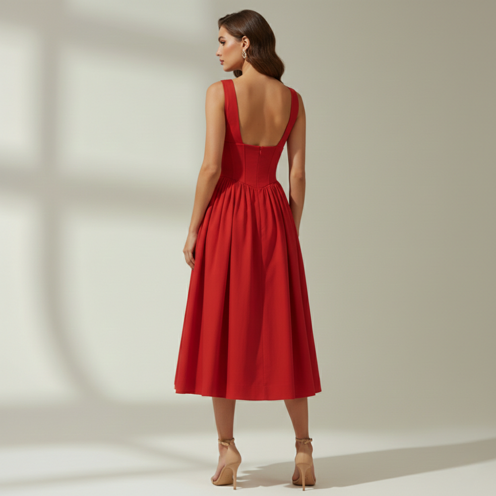 Women's Midi Dress with Deep V Neck and Flared Skirt
