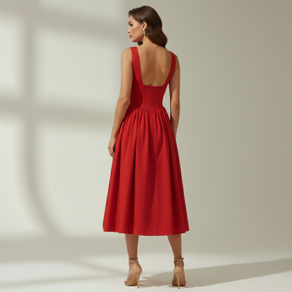 Women's Midi Dress with Deep V Neck and Flared Skirt
