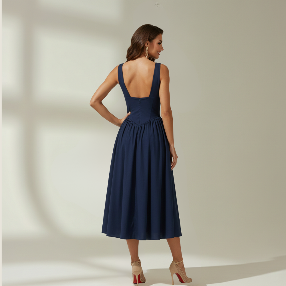 Women's Midi Dress with Deep V Neck and Flared Skirt