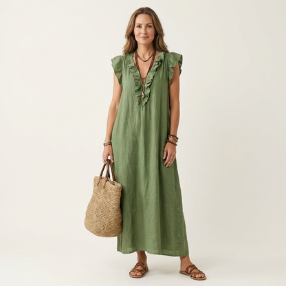 Women's Midi Dress with Elegant Ruffles and Flowy Silhouette