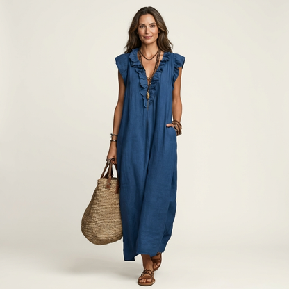 Women's Midi Dress with Elegant Ruffles and Flowy Silhouette
