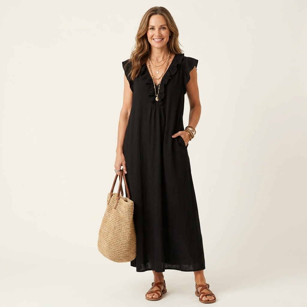 Women's Midi Dress with Elegant Ruffles and Flowy Silhouette