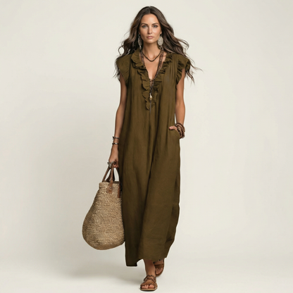 Women's Midi Dress with Elegant Ruffles and Flowy Silhouette