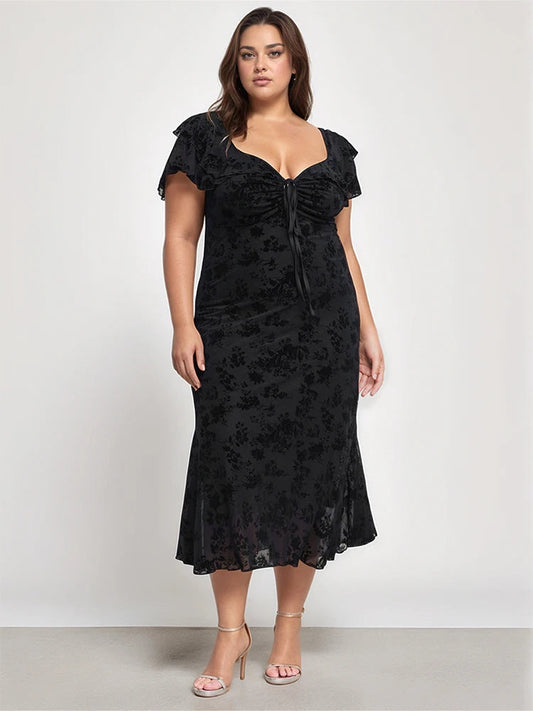 Women's Midi Dress with Floral Print and Short Sleeves