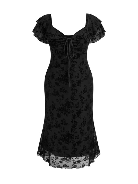 Women's Midi Dress with Floral Print and Short Sleeves