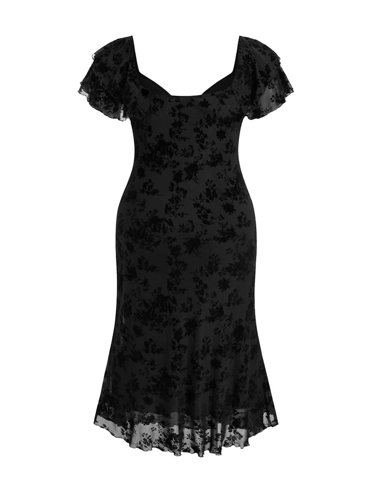 Women's Midi Dress with Floral Print and Short Sleeves