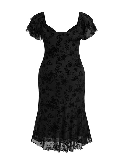 Women's Midi Dress with Floral Print and Short Sleeves