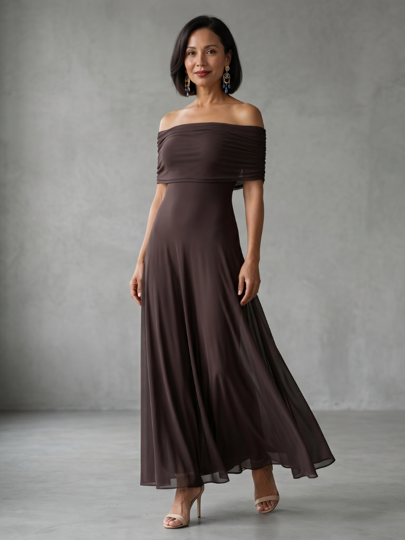 Women's Midi Dress with Off Shoulder Neckline and Draped Bodice