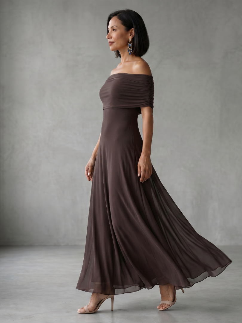 Women's Midi Dress with Off Shoulder Neckline and Draped Bodice