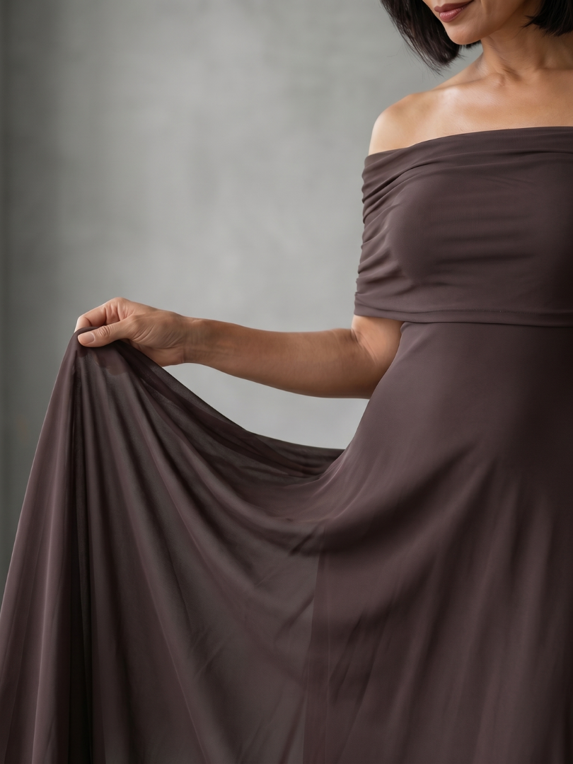 Women's Midi Dress with Off Shoulder Neckline and Draped Bodice
