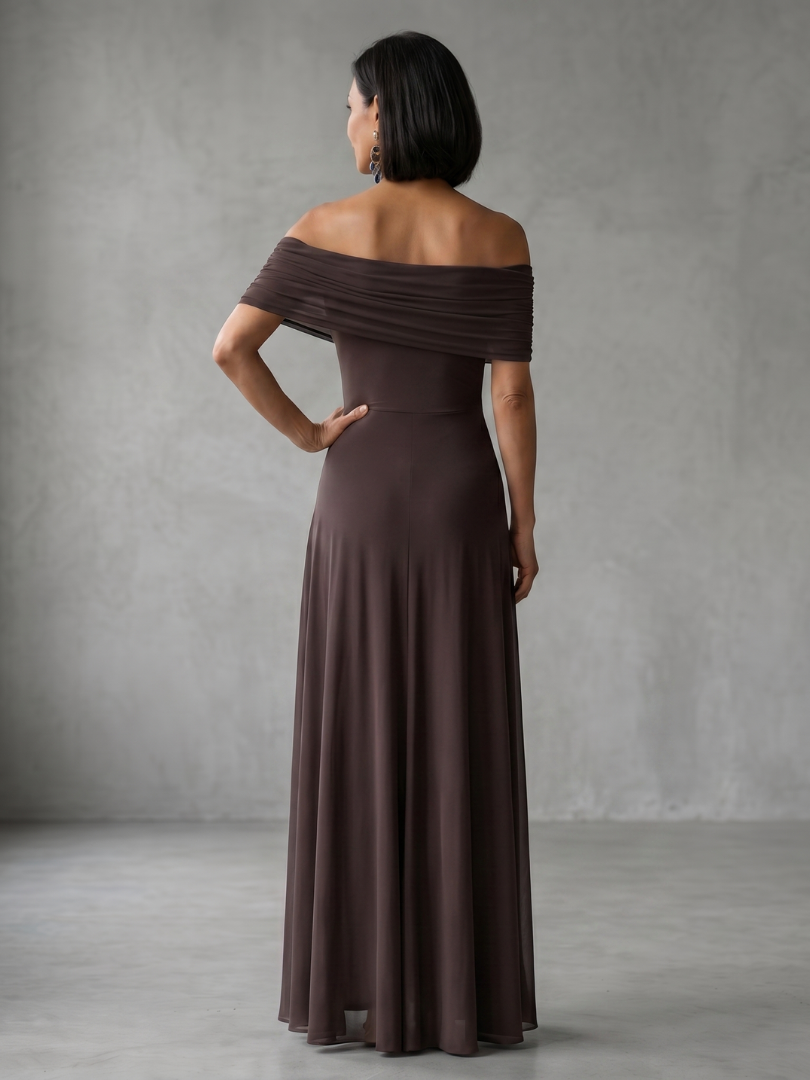 Women's Midi Dress with Off Shoulder Neckline and Draped Bodice