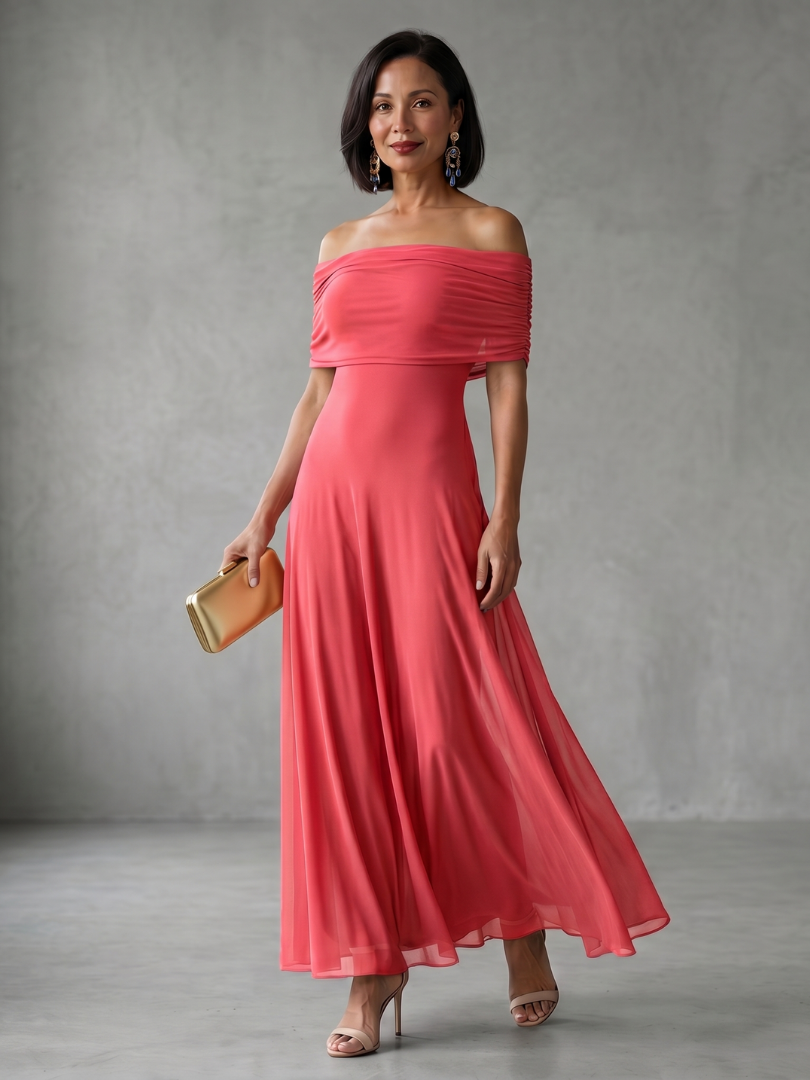 Women's Midi Dress with Off Shoulder Neckline and Draped Bodice
